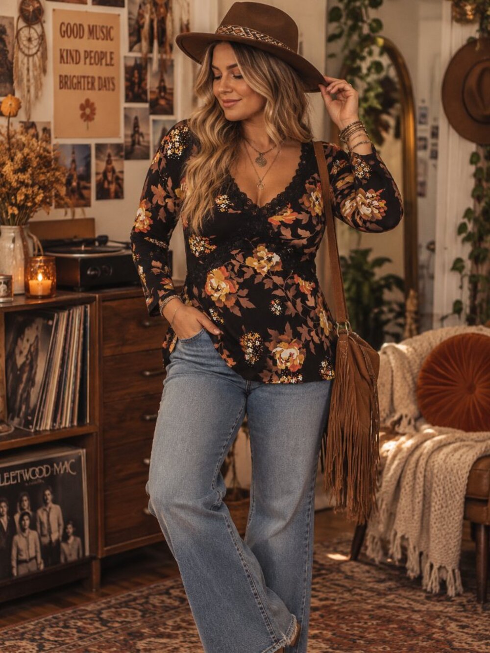 Y2K Black Floral Lace Trim Top